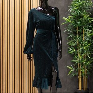 Vici Green Velvet with Silver Shimmer One Shoulder Dress, Size L